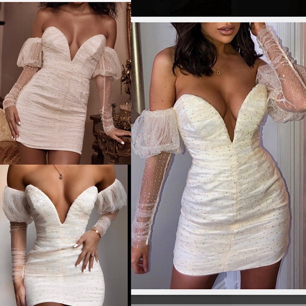 NWT House of CB Milana cream tulle mesh rhinestone puff sleeve mini ruched dress - Picture 3 of 7